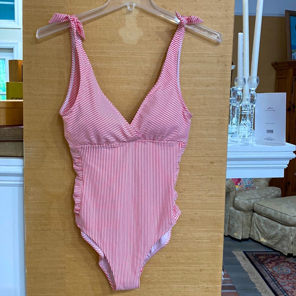 Lauren One Piece swim suit - orange pink and white strip - sz 8